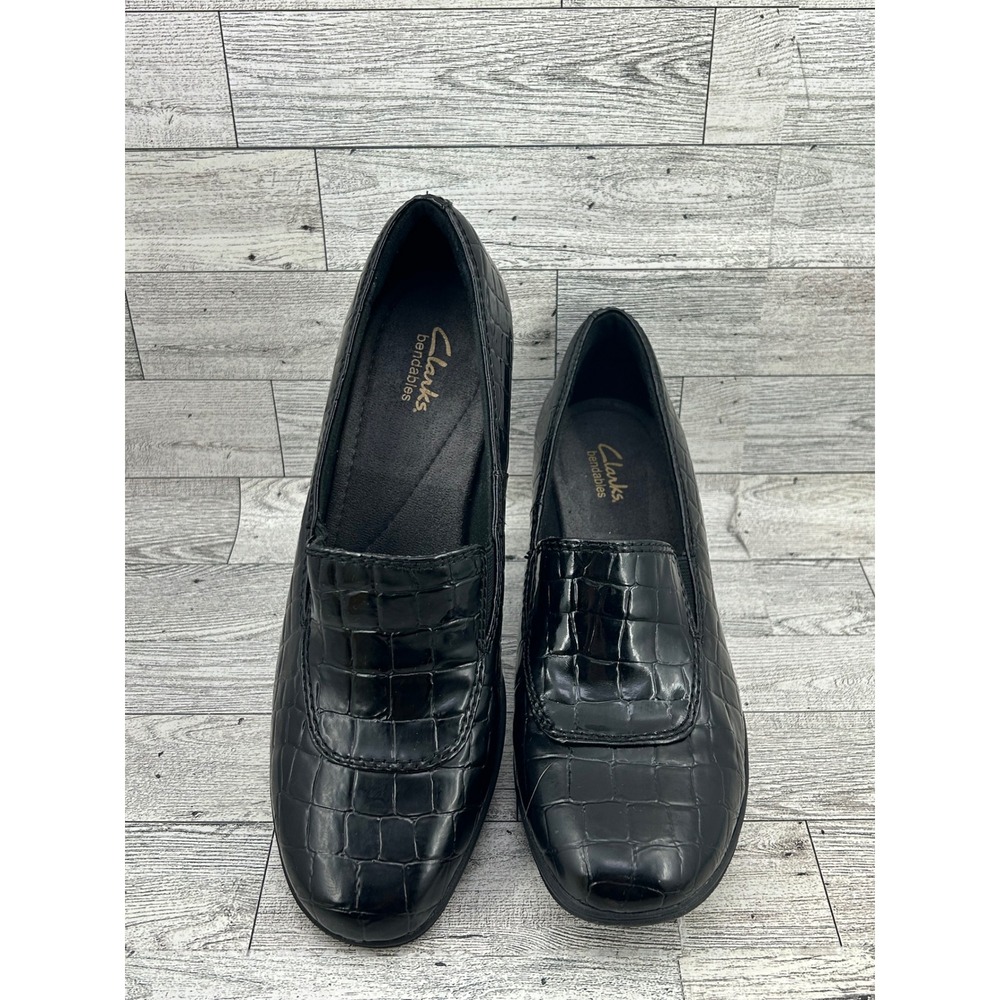 Clarks Bendables Black Croc Embossed Wedge Loafers‎ 67091 Women Size 9M